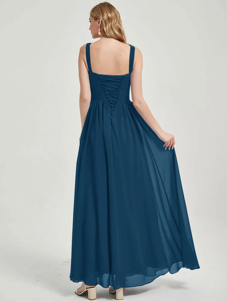 Ink Blue Wide Straps Sleeveless V-Neck Pleated Flowy Bridesmaid Dress