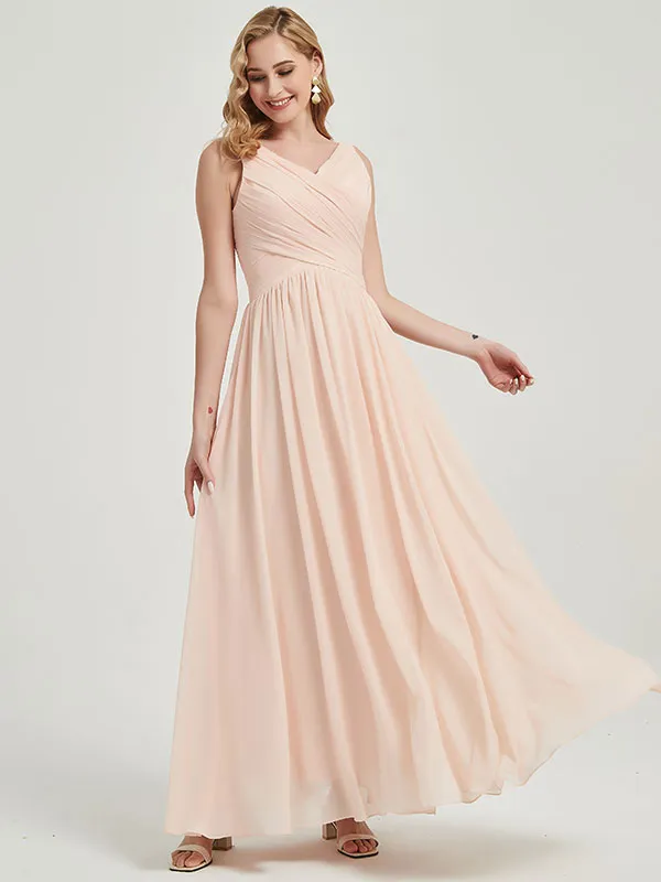 Ink Blue Wide Straps Sleeveless V-Neck Pleated Flowy Bridesmaid Dress