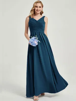 Ink Blue Wide Straps Sleeveless V-Neck Pleated Flowy Bridesmaid Dress