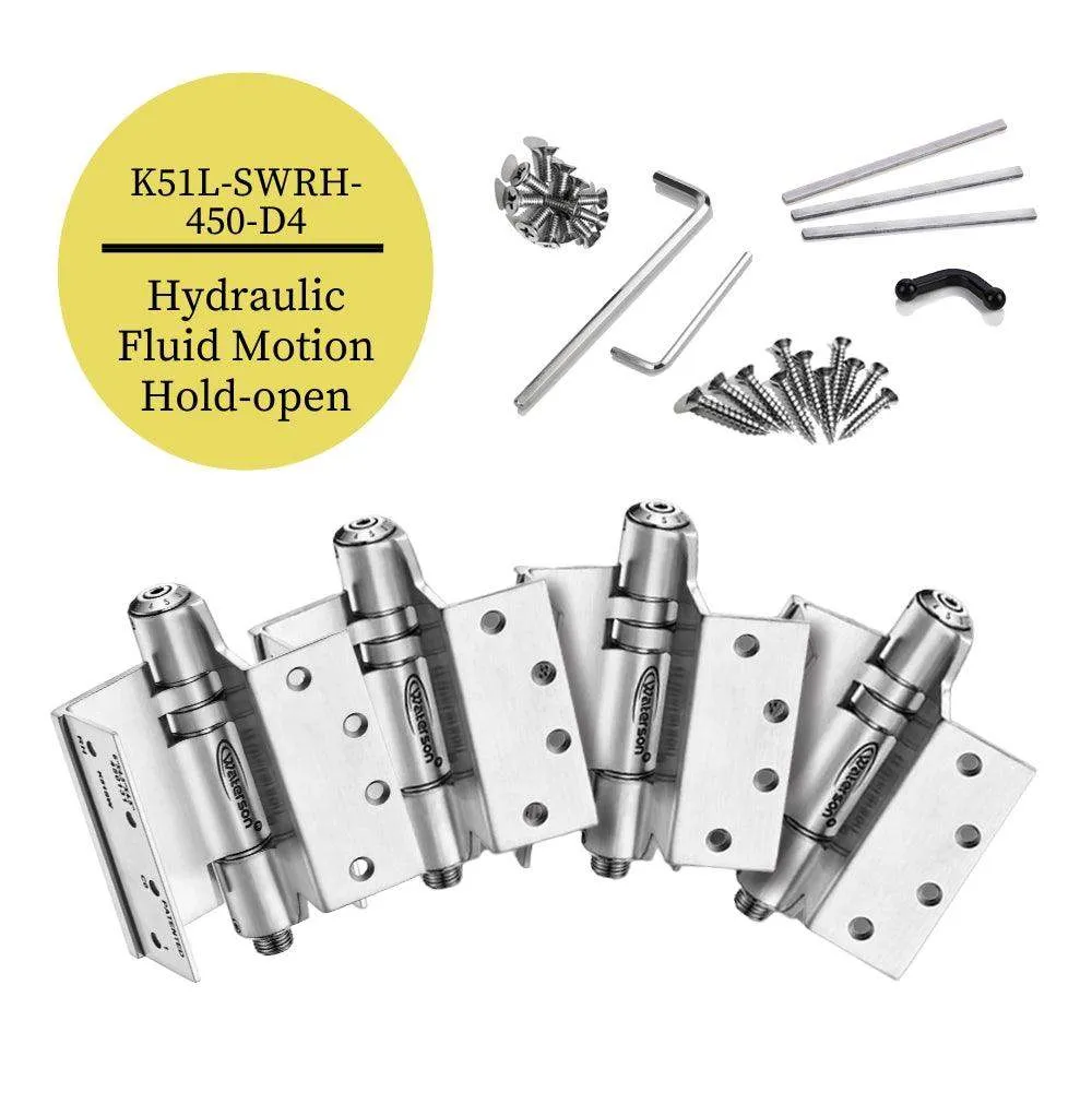 K51L-SWRH-450-D4 | Heavy Duty Hydraulic Hybrid Swing Clear Hinge with Hold Open | 4.5” x 4.5” | 8ft | 304 Stainless Steel | 4 Pack
