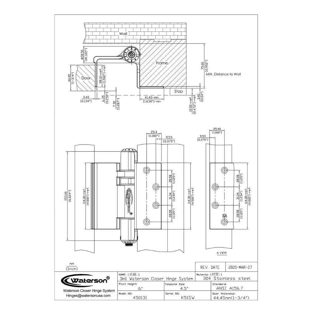 K51L-SWRH-450-D4 | Heavy Duty Hydraulic Hybrid Swing Clear Hinge with Hold Open | 4.5” x 4.5” | 8ft | 304 Stainless Steel | 4 Pack