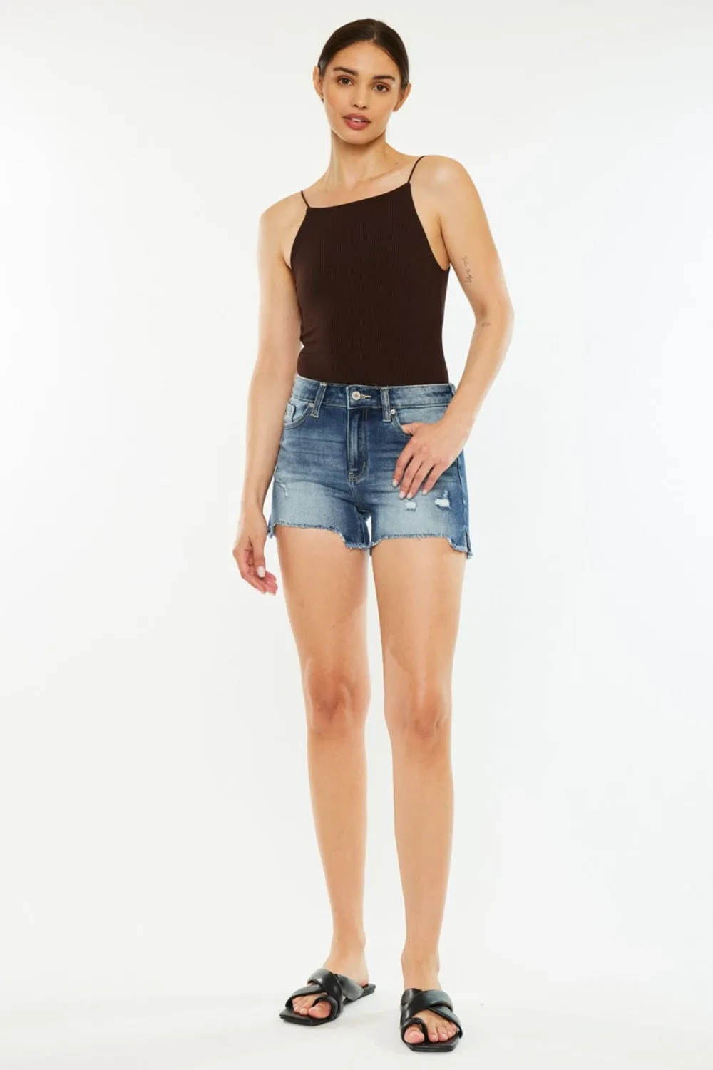 Kan Can High Waist Raw Hem Denim Shorts