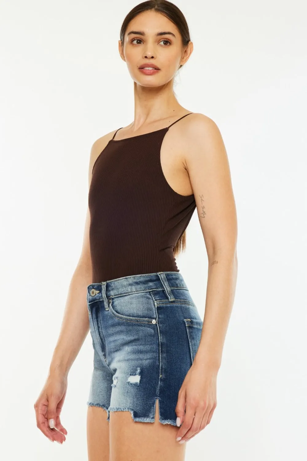 Kan Can High Waist Raw Hem Denim Shorts