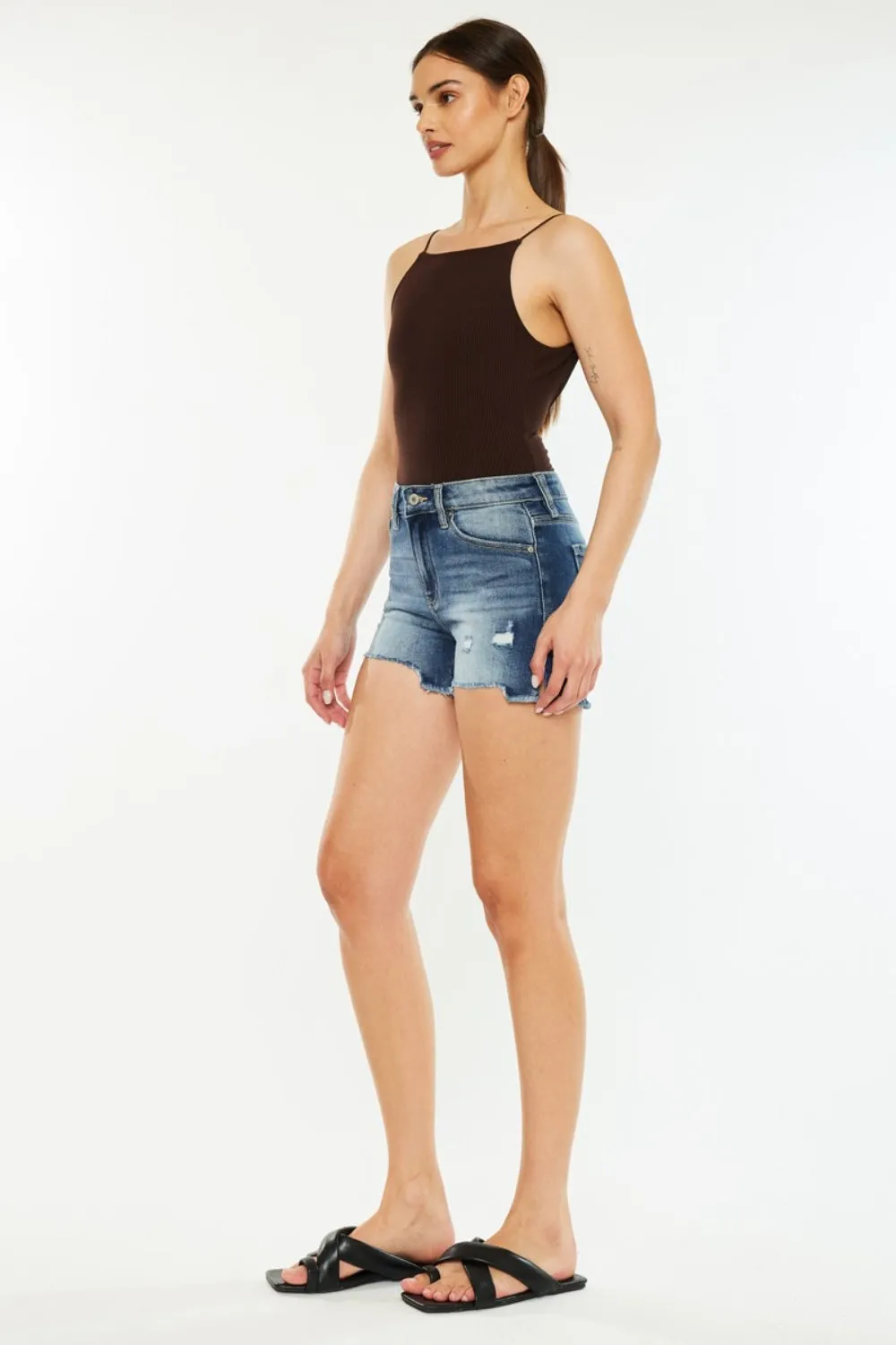 Kan Can High Waist Raw Hem Denim Shorts