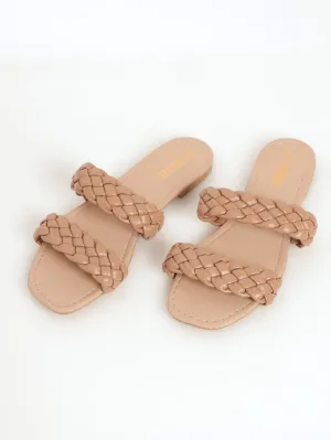 Ladies Puffy Woven Double-Strap Mule Sandal - Taupe