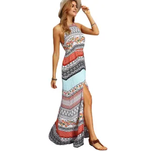 Ladies Sleeveless Dresses Woman Summer Beach Casual Multicolor Vintage Print A Line Split Maxi Dress