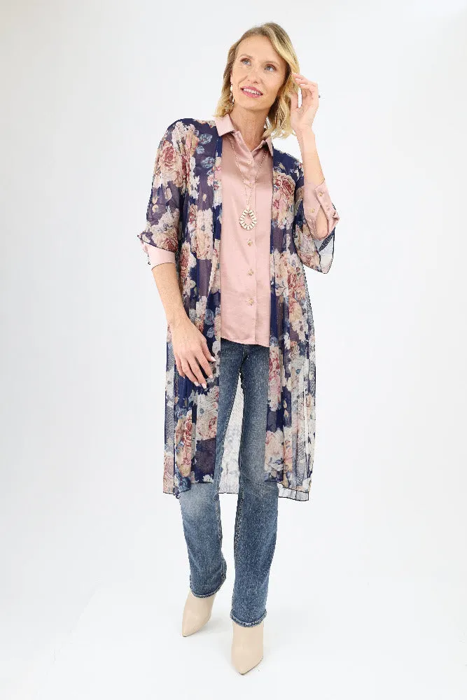 Mesh Floral Duster - Navy