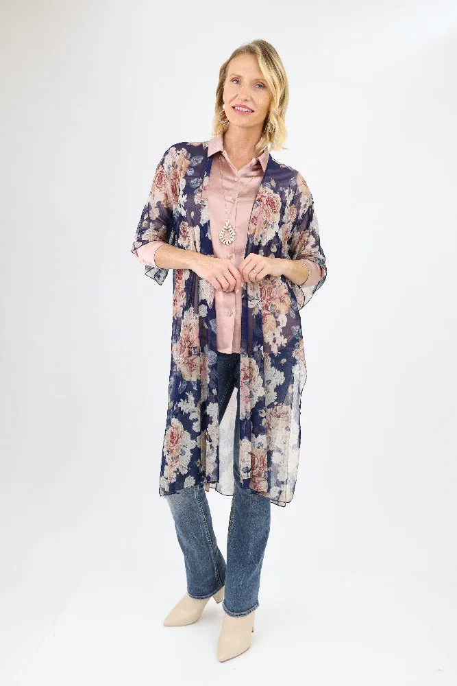 Mesh Floral Duster - Navy