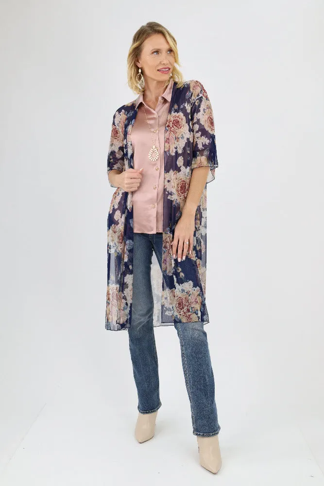 Mesh Floral Duster - Navy