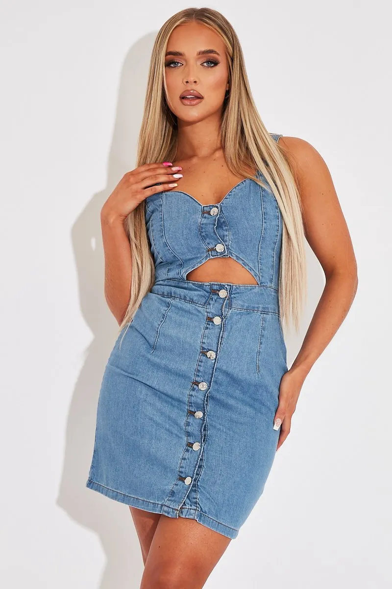 Mid Blue Cut Out Button Front Denim Mini Dress - Saphia