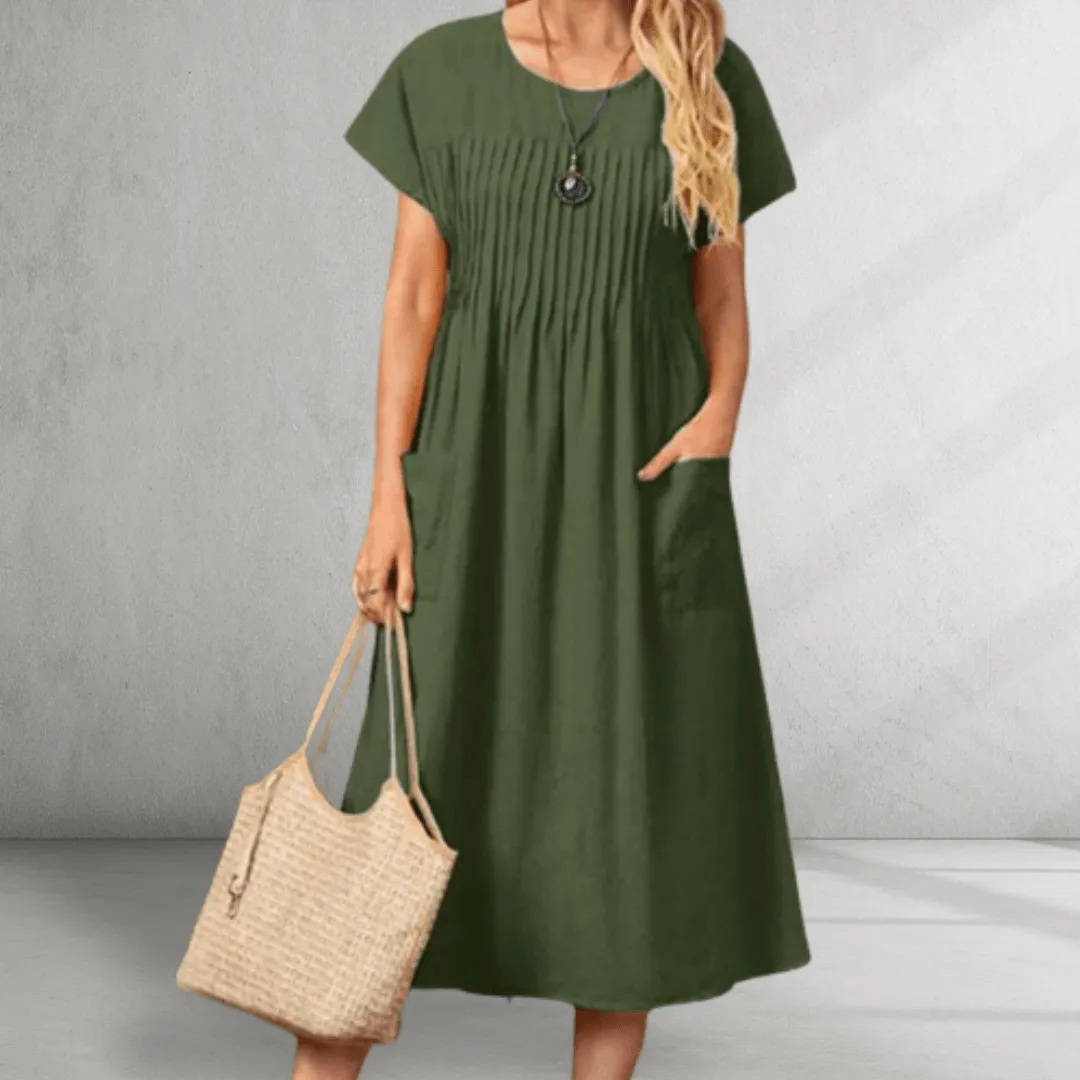 Midi Dress – Pleated Bodice – Relaxed Pocket Style