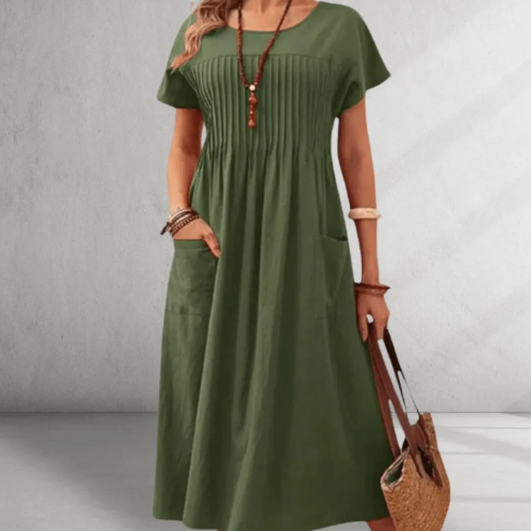 Midi Dress – Pleated Bodice – Relaxed Pocket Style