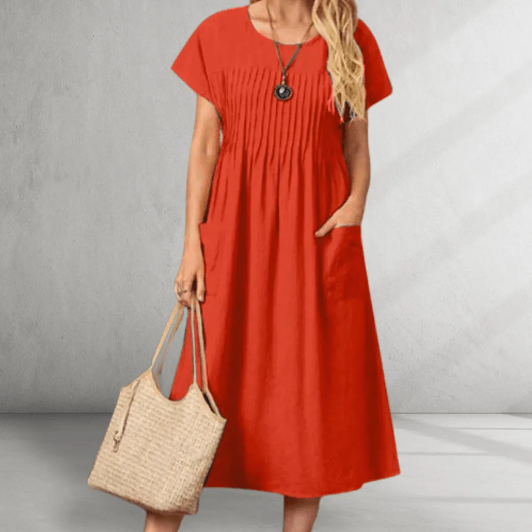 Midi Dress – Pleated Bodice – Relaxed Pocket Style