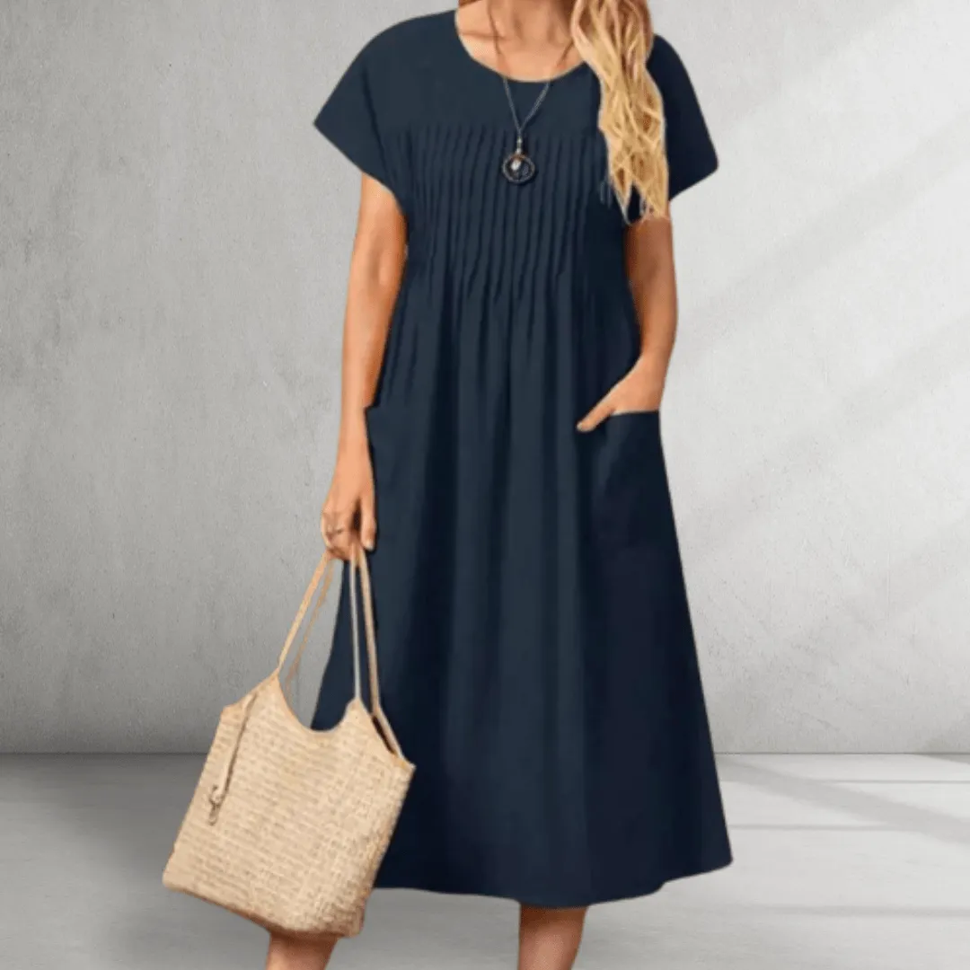 Midi Dress – Pleated Bodice – Relaxed Pocket Style