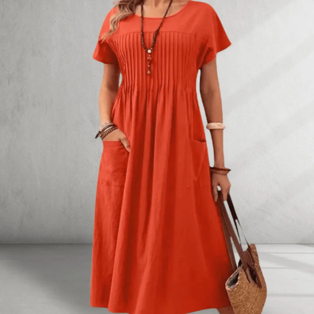 Midi Dress – Pleated Bodice – Relaxed Pocket Style