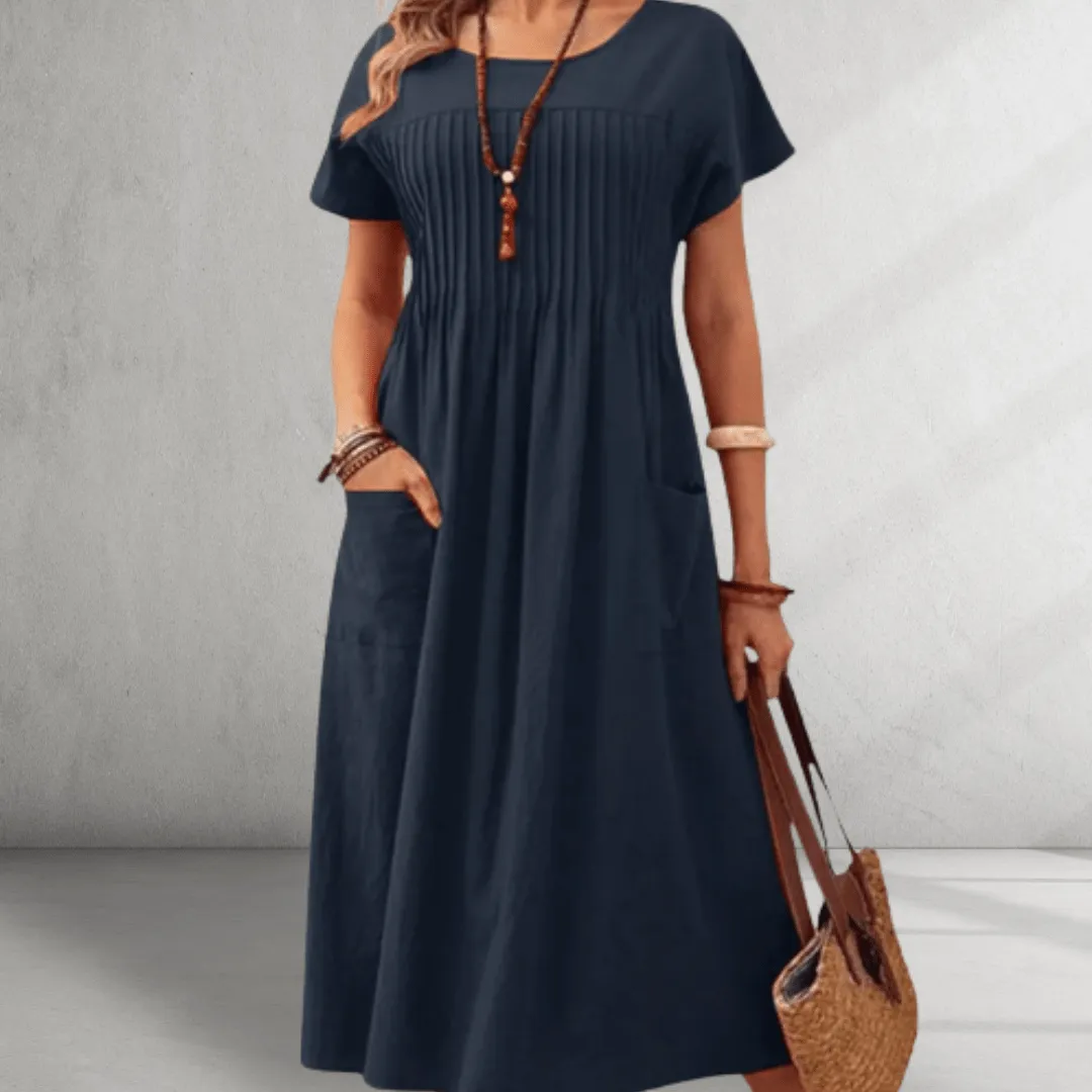 Midi Dress – Pleated Bodice – Relaxed Pocket Style