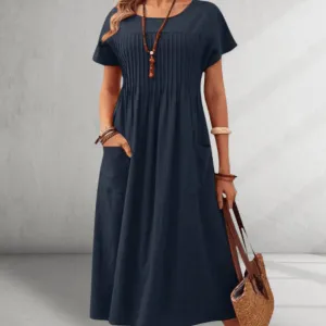 Midi Dress – Pleated Bodice – Relaxed Pocket Style