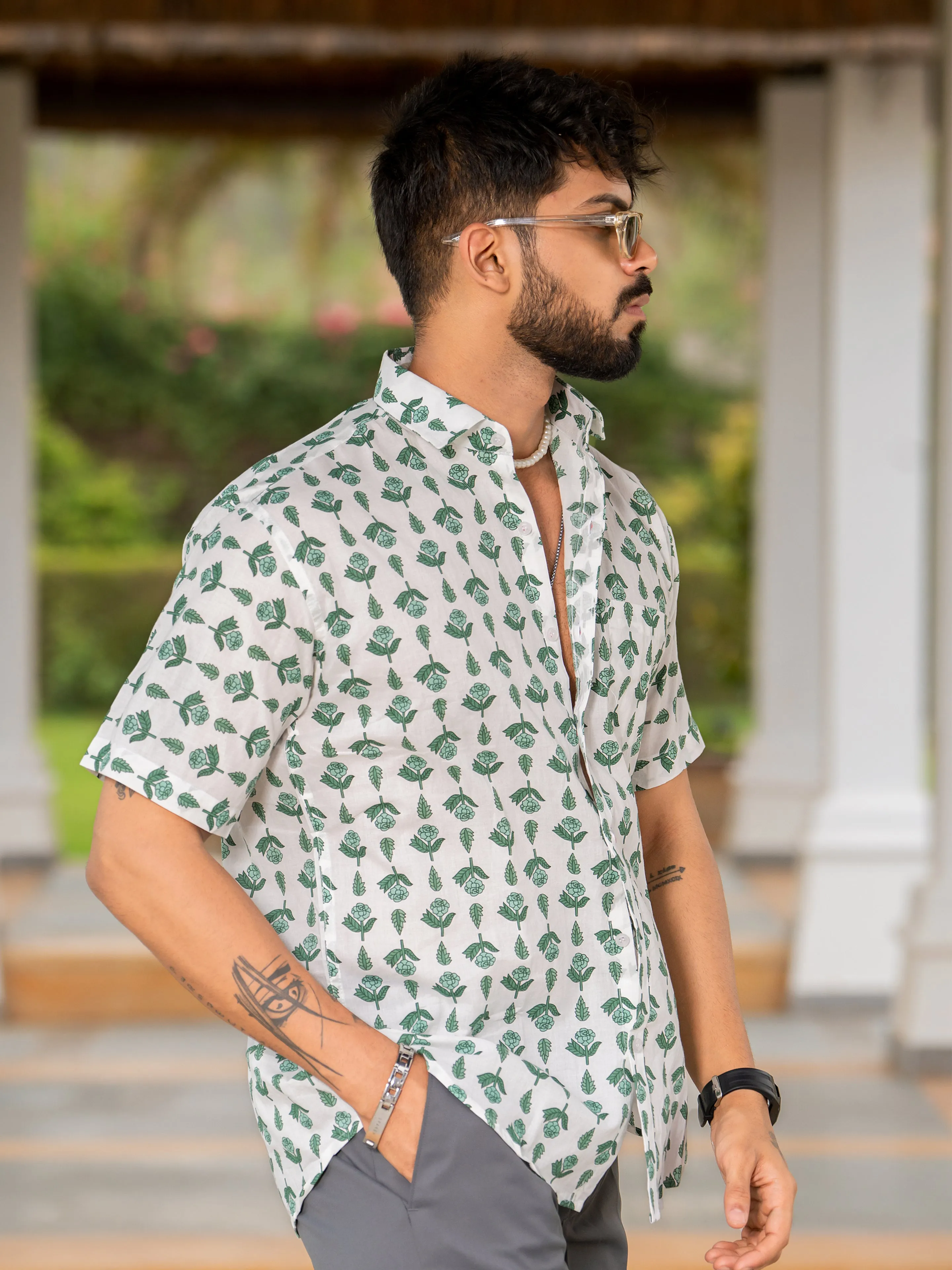 Off White Floral Half Sleeve Printed shirt