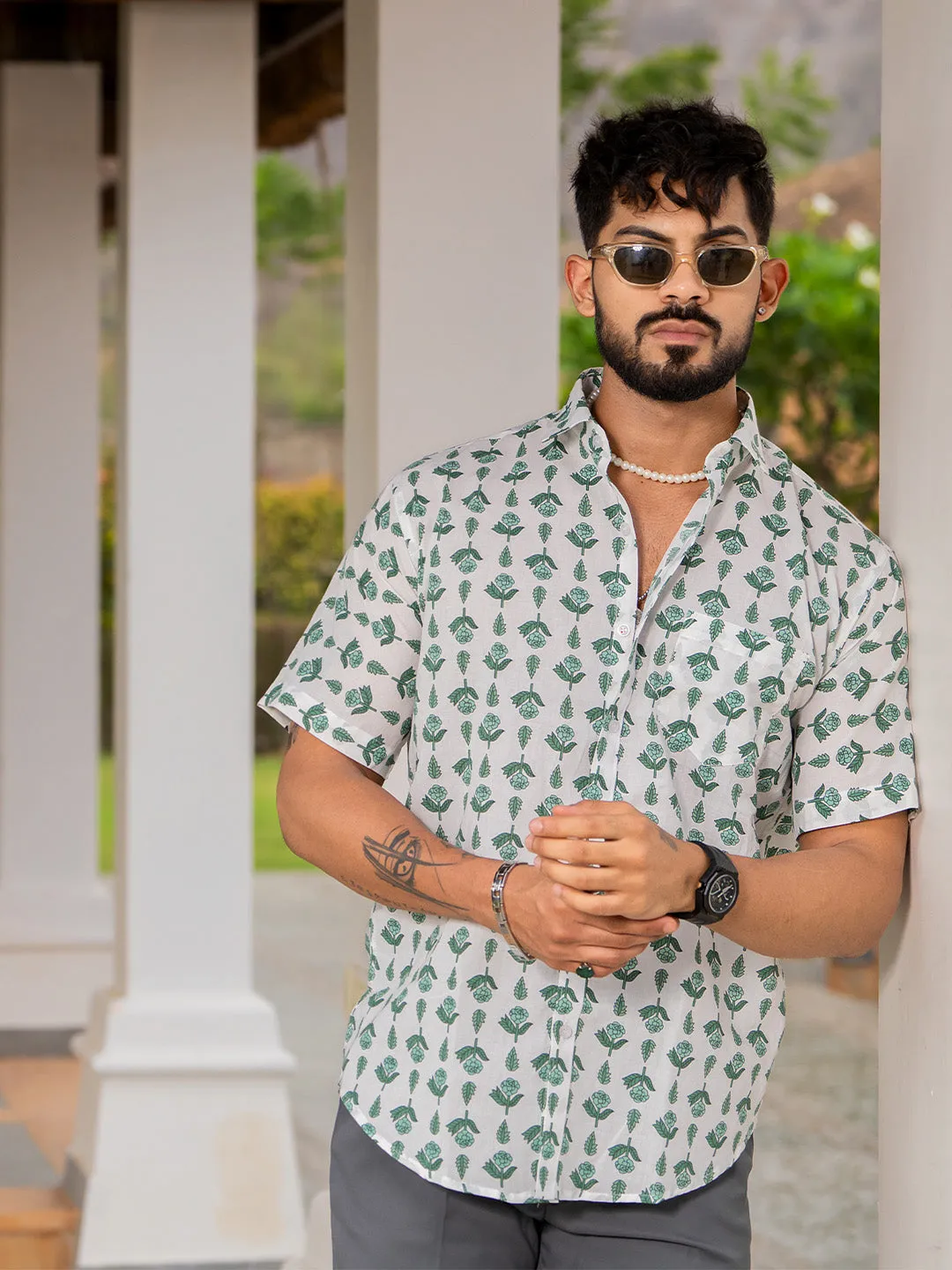 Off White Floral Half Sleeve Printed shirt