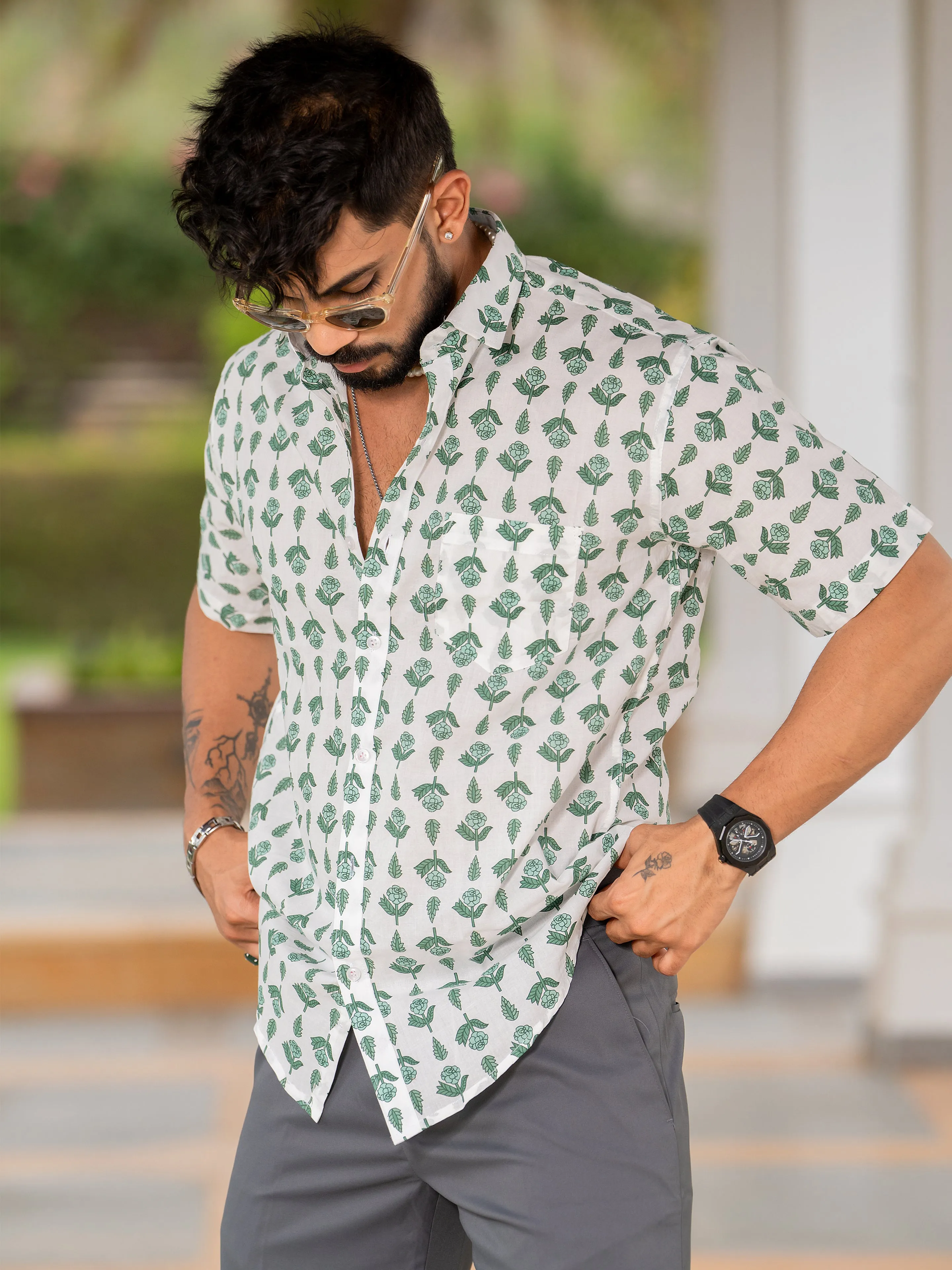 Off White Floral Half Sleeve Printed shirt