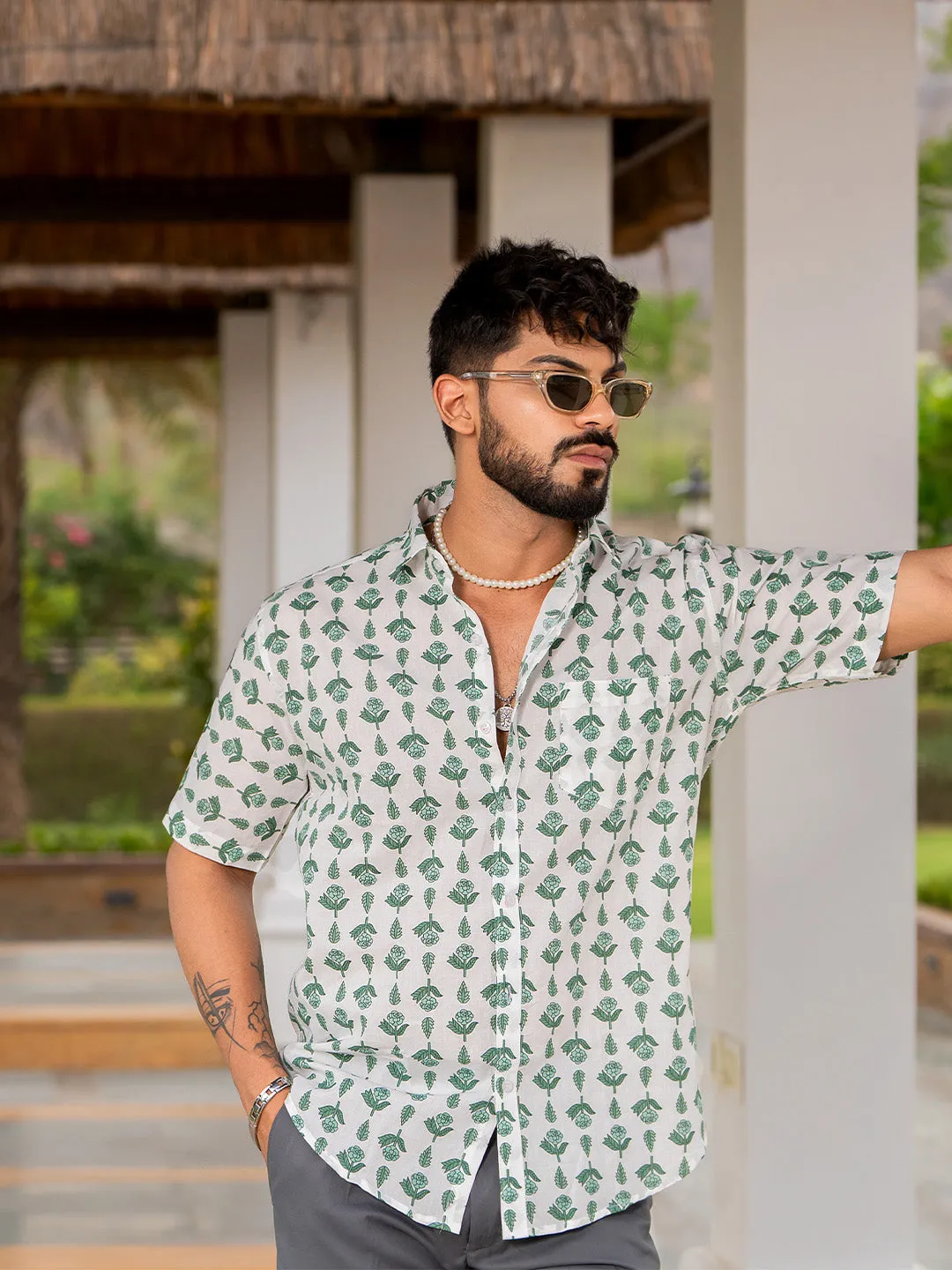 Off White Floral Half Sleeve Printed shirt