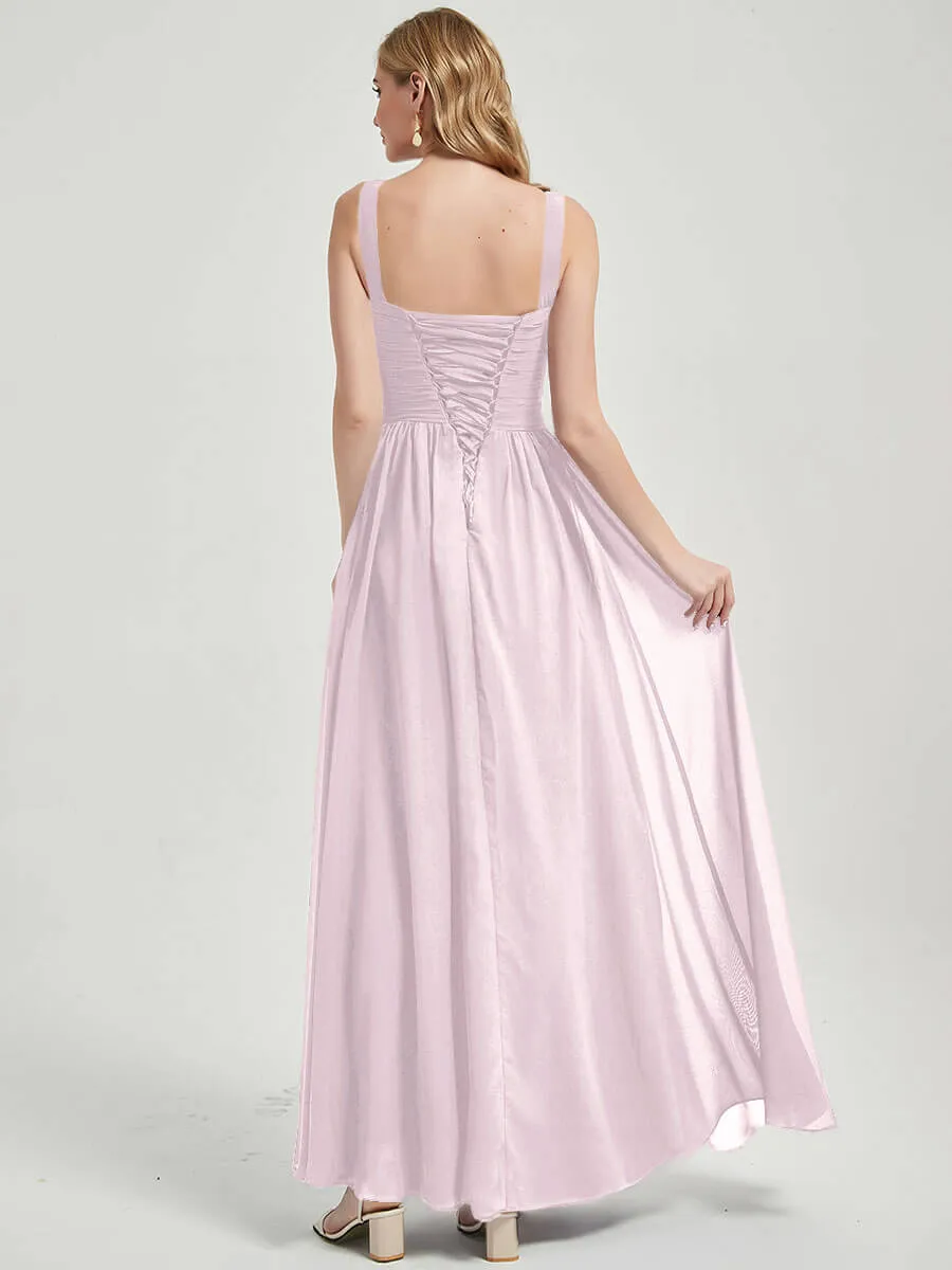 Pale Rose Sleeveless Wide Straps V-Neck Pleated Maxi Bridesmaid Dress