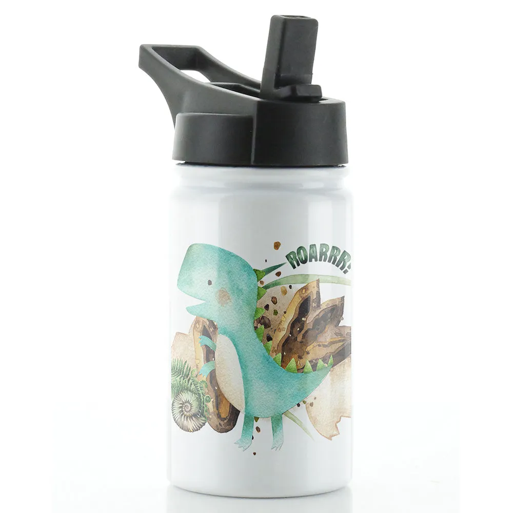 Personalised Blue T-Rex and Name White Sports Flask