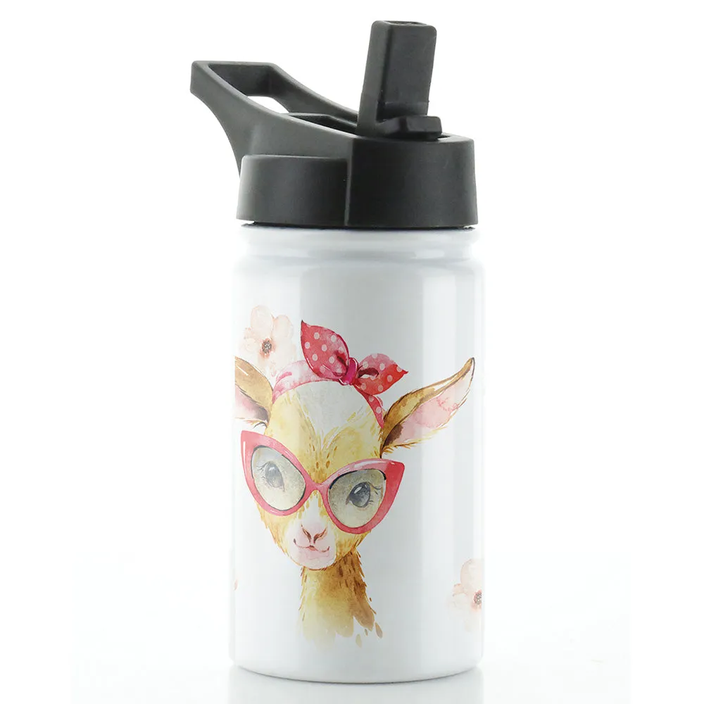 Personalised Goat Pink Glasses and Name White Sports Flask