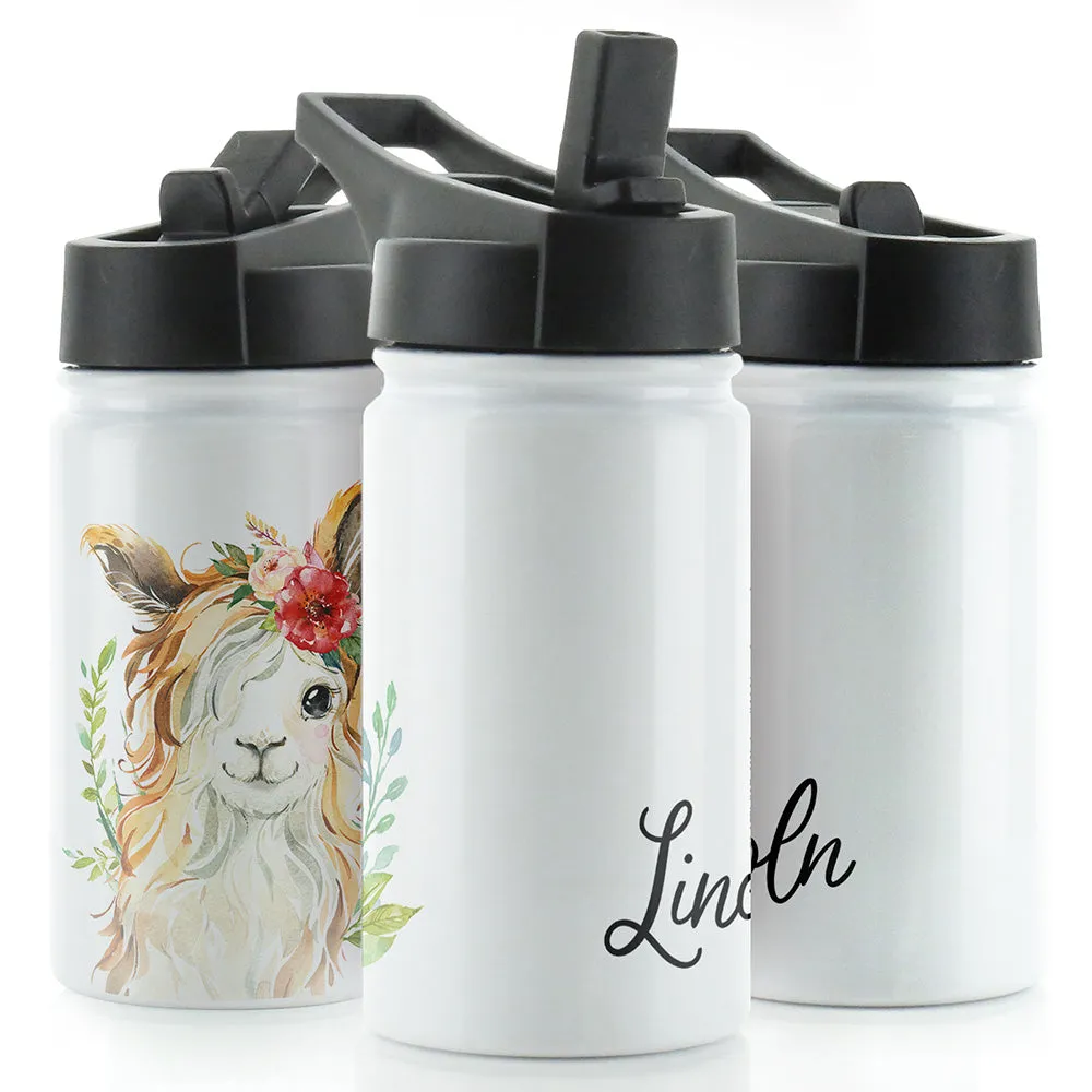 Personalised Goat with Red Flower and Name White Sports Flask
