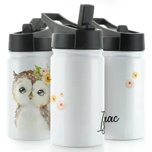 Personalised Owl Yellow Flowers and Name White Sports Flask