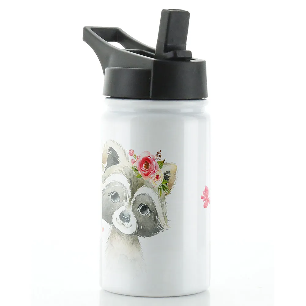 Personalised Raccoon Butterfly and Name White Sports Flask
