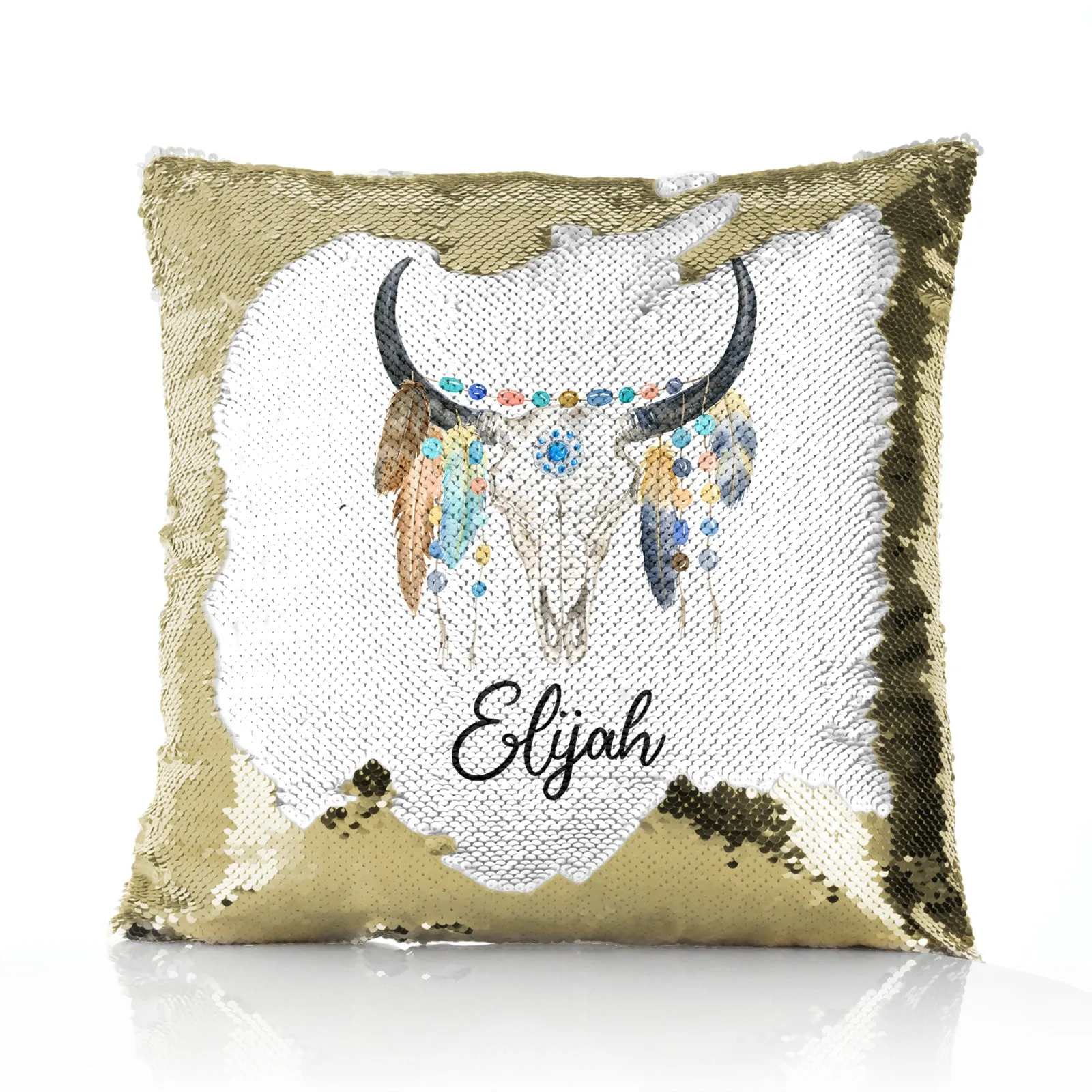 Personalised Sequin Cushion with Cow Skull Feathers and Cute Text