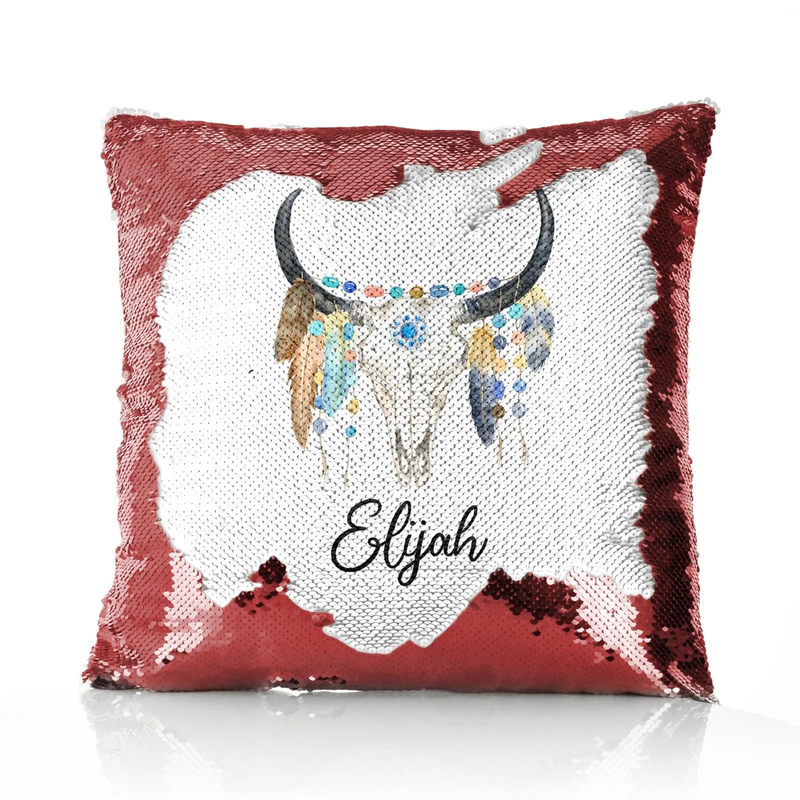 Personalised Sequin Cushion with Cow Skull Feathers and Cute Text