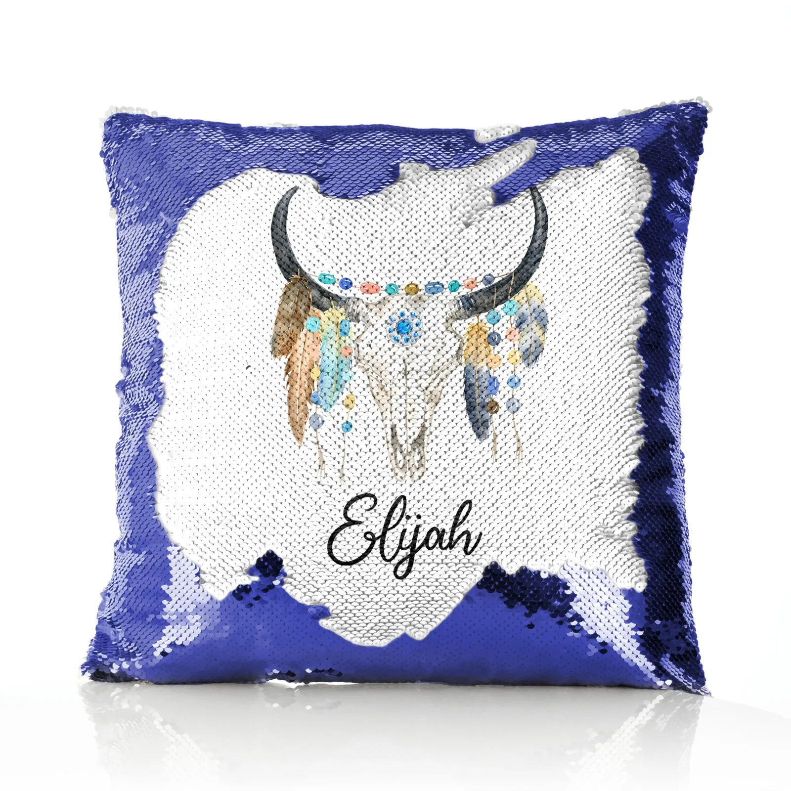 Personalised Sequin Cushion with Cow Skull Feathers and Cute Text