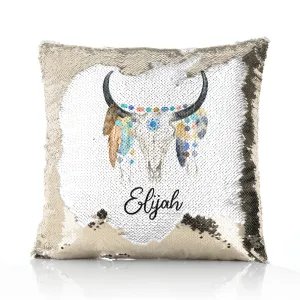 Personalised Sequin Cushion with Cow Skull Feathers and Cute Text