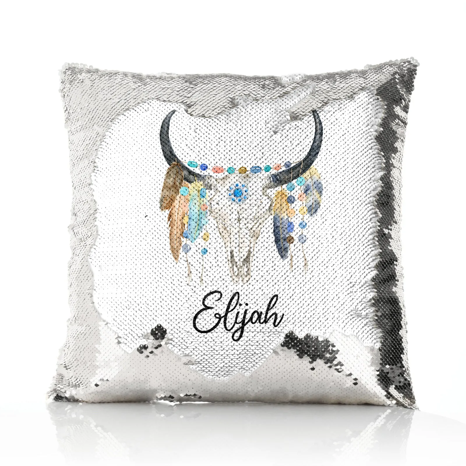 Personalised Sequin Cushion with Cow Skull Feathers and Cute Text
