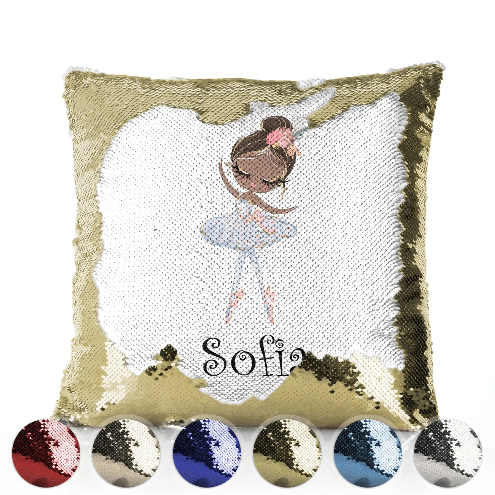 Personalised Sequin Cushion with Cute Text and Black Hair White Dress Ballerina