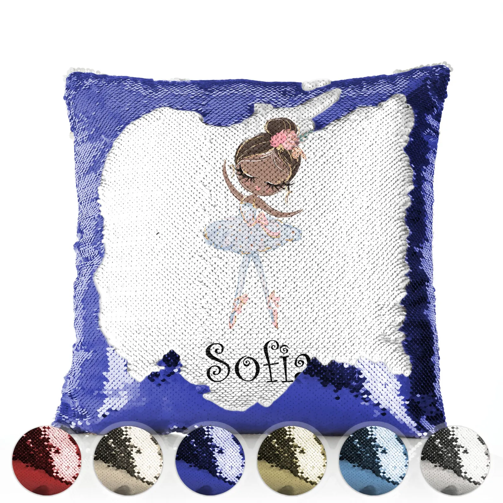 Personalised Sequin Cushion with Cute Text and Black Hair White Dress Ballerina