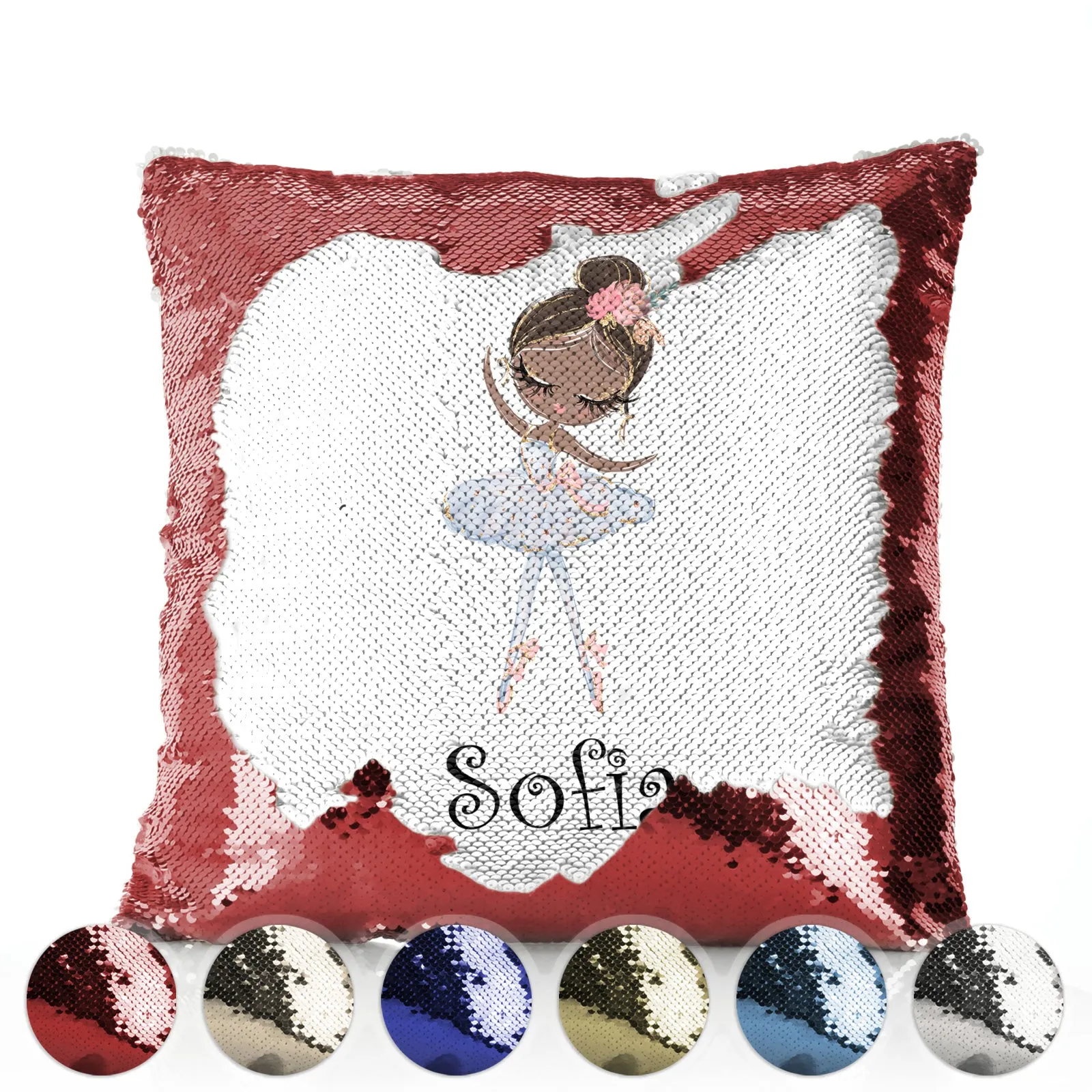 Personalised Sequin Cushion with Cute Text and Black Hair White Dress Ballerina