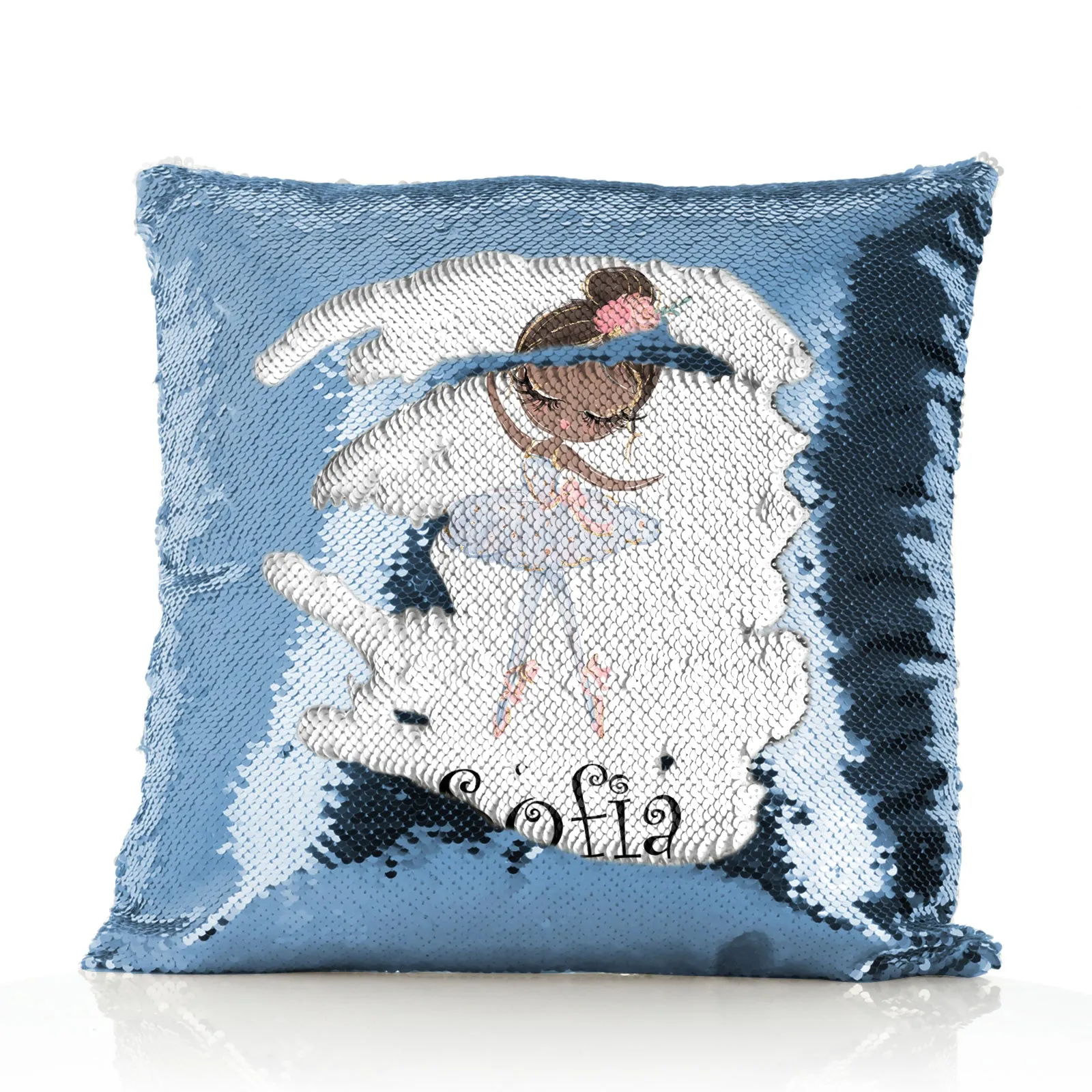 Personalised Sequin Cushion with Cute Text and Black Hair White Dress Ballerina