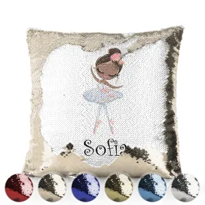 Personalised Sequin Cushion with Cute Text and Black Hair White Dress Ballerina