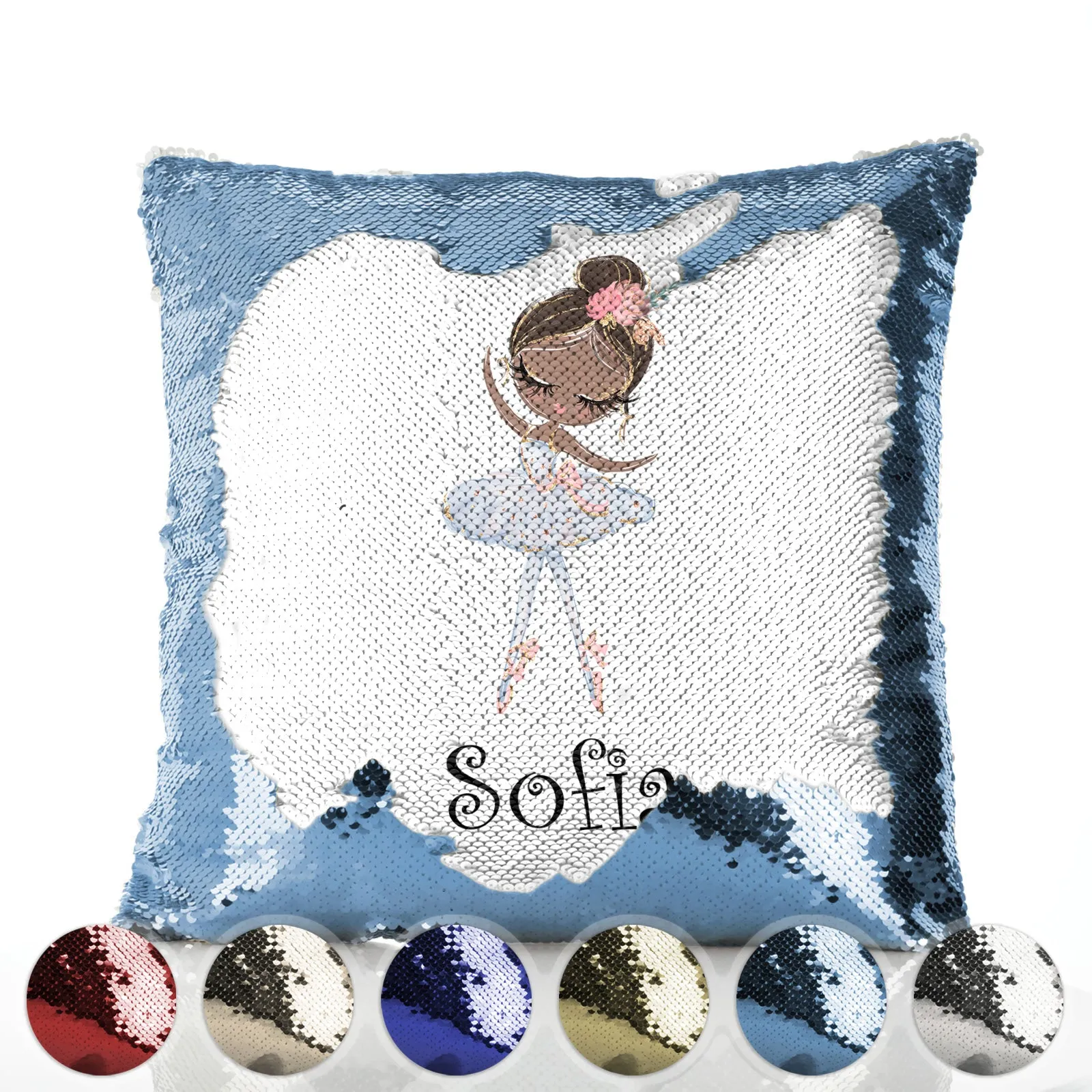 Personalised Sequin Cushion with Cute Text and Black Hair White Dress Ballerina