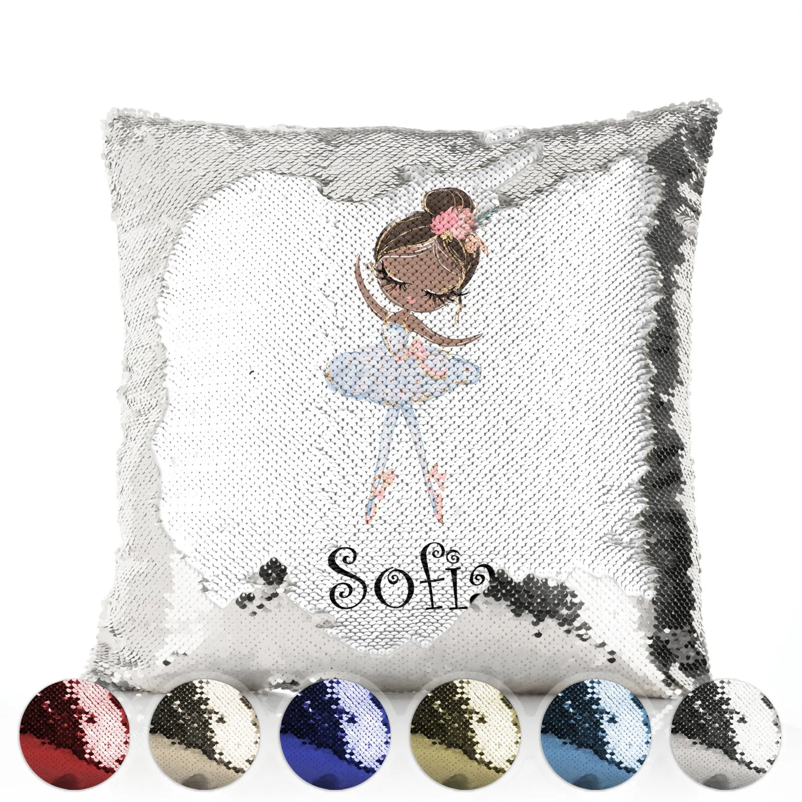 Personalised Sequin Cushion with Cute Text and Black Hair White Dress Ballerina