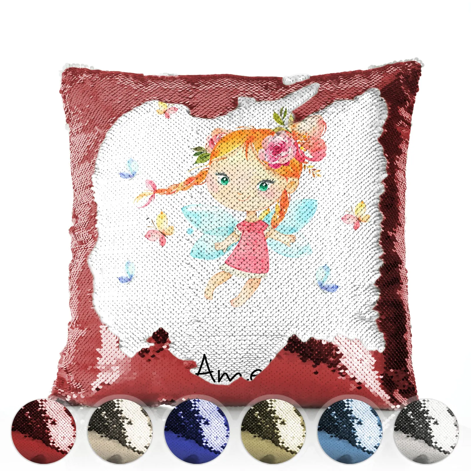 Personalised Sequin Cushion with Cute Text and Butterfly Red Plait Hair Fairy