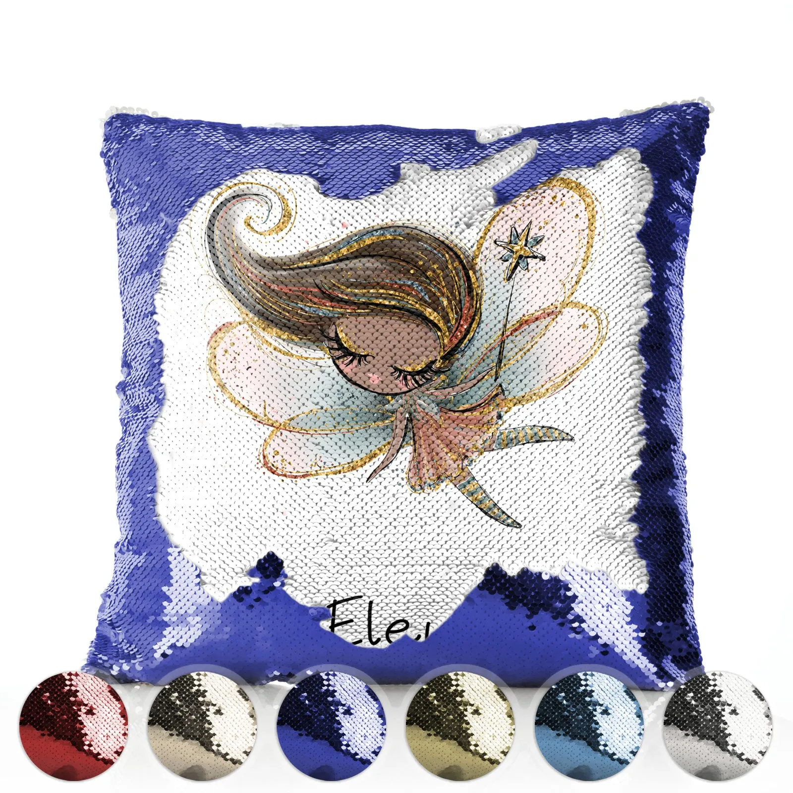 Personalised Sequin Cushion with Cute Text and Butterfly Red Plait Hair Fairy