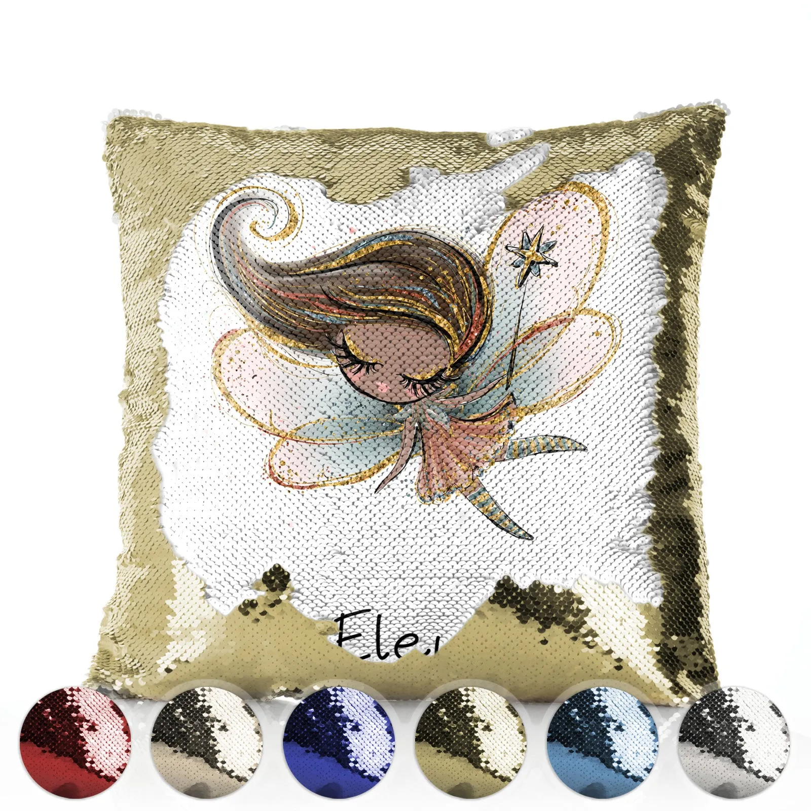 Personalised Sequin Cushion with Cute Text and Butterfly Red Plait Hair Fairy
