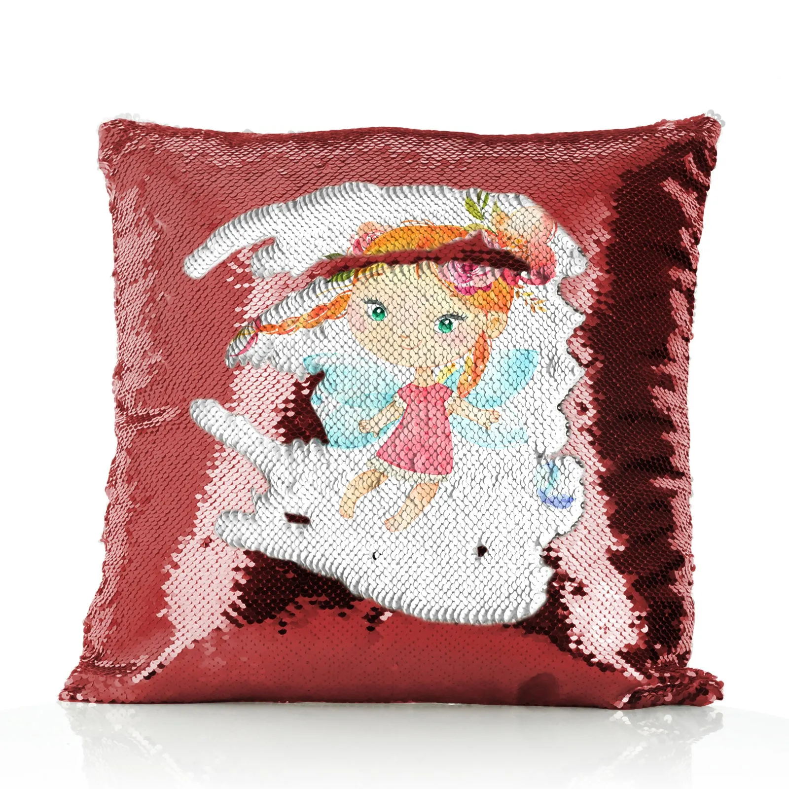 Personalised Sequin Cushion with Cute Text and Butterfly Red Plait Hair Fairy