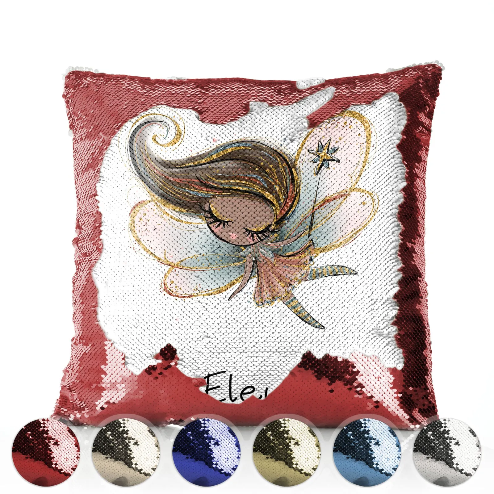 Personalised Sequin Cushion with Cute Text and Butterfly Red Plait Hair Fairy