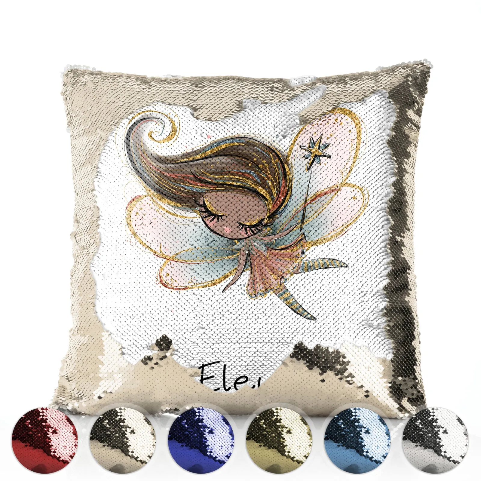 Personalised Sequin Cushion with Cute Text and Butterfly Red Plait Hair Fairy