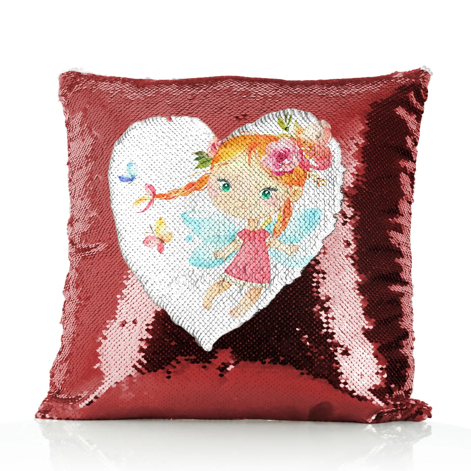 Personalised Sequin Cushion with Cute Text and Butterfly Red Plait Hair Fairy